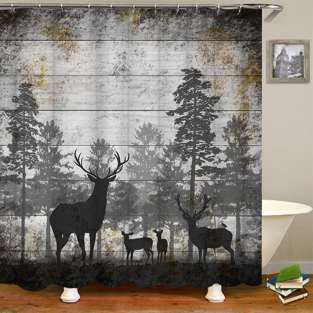 JOOCAR Rustic Deer Shower Curtain Wild Animal in Black and Grey Forest