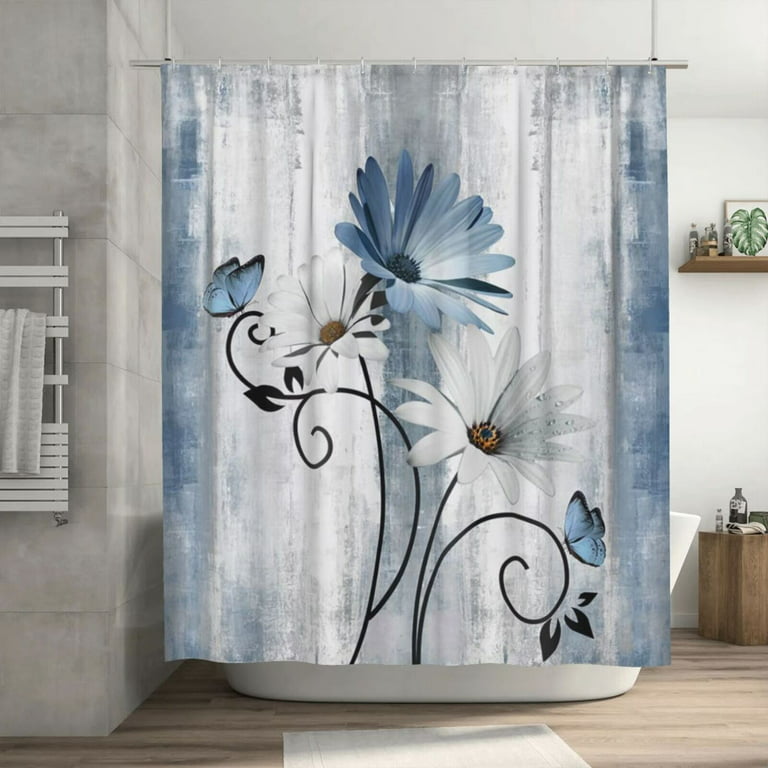 JOOCAR Rustic Farmhouse Shower Curtain, Farm Blue Daisy Floral Flowers and  Butterfly on Country Wooden Shower Curtain for Bathroom, Turquoise Blue