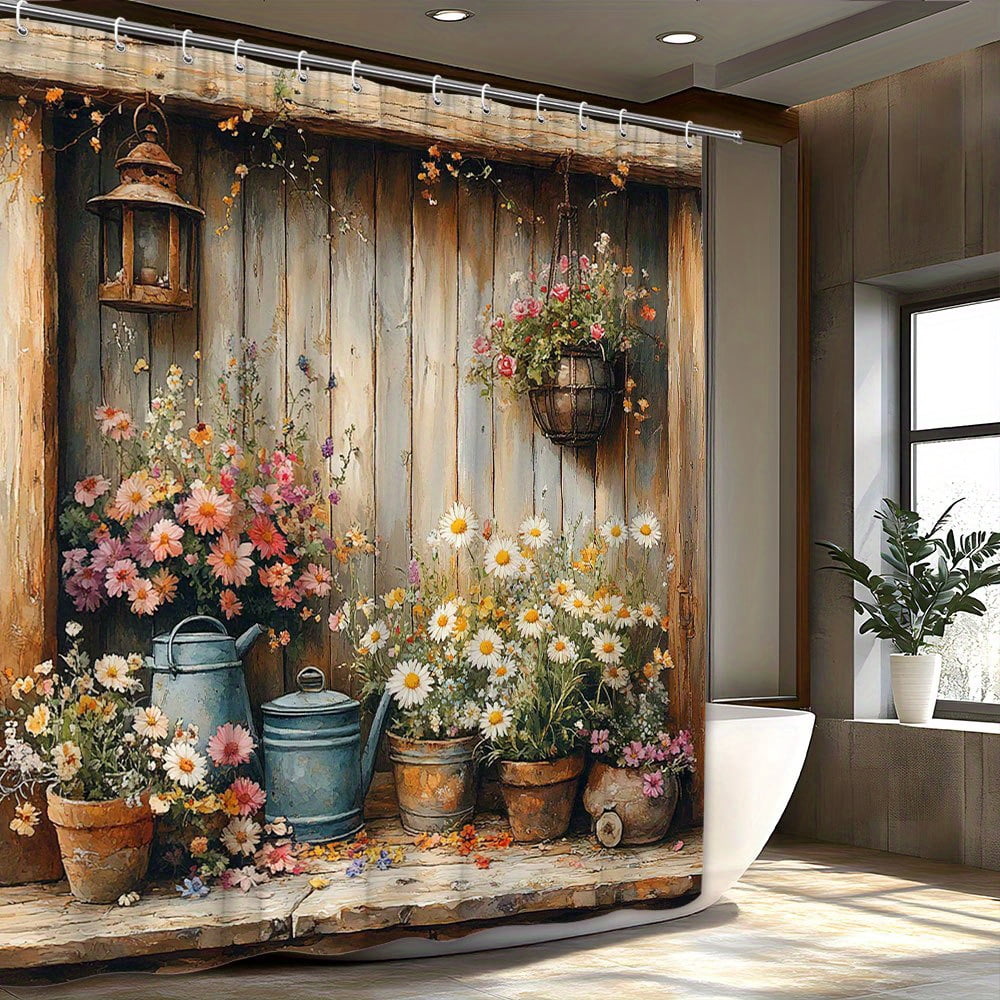 JOOCAR Rustic Garden Floral Shower Curtain with Wooden Wall and Potted Flowers Design for Home Bathroom Bath Tub Decoration 72x72 inch