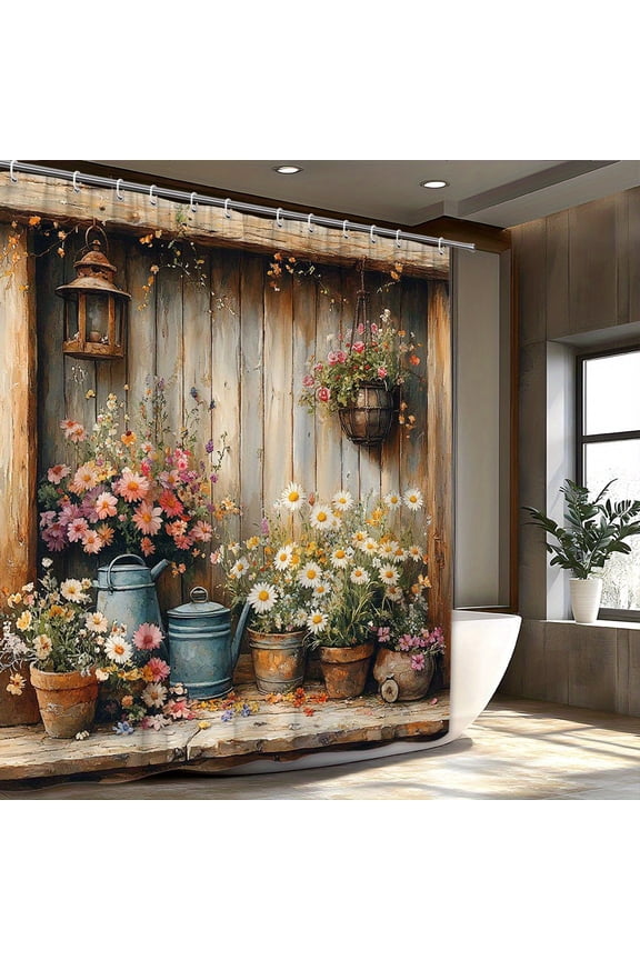 Rustic Garden Floral Shower Curtain with Wooden Wall and Potted Flowers Design for Home Bathroom Bath Tub Decoration 72x72 inch