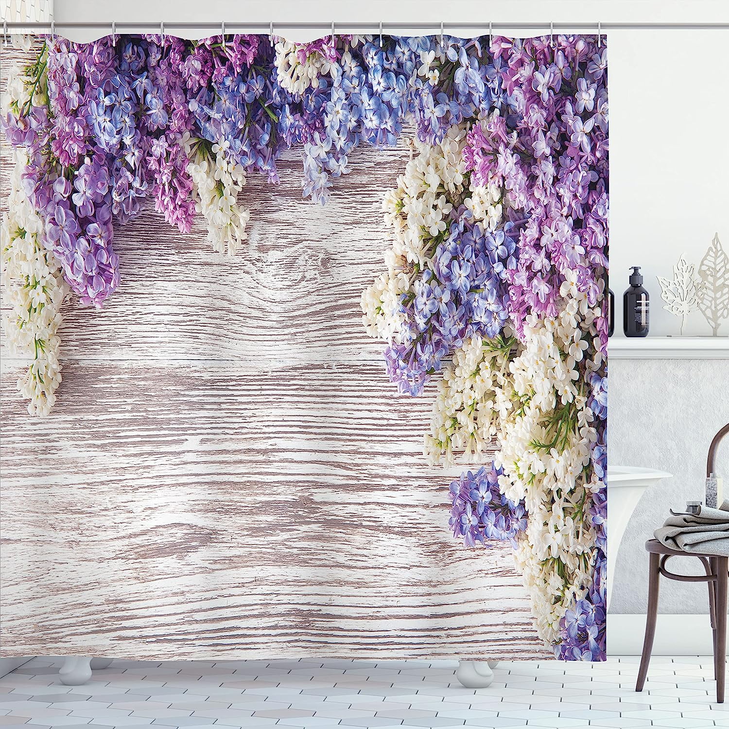 JOOCAR Rustic Shower Curtain, Lilac Flowers Bouquet on Wood Table ...