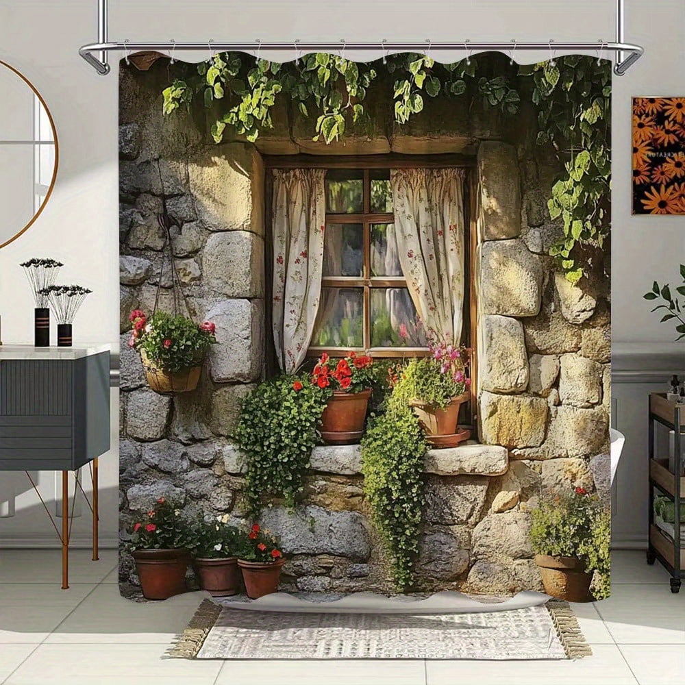 JOOCAR Rustic Stone Wall Window with Greenery Polyester Shower Curtain ...