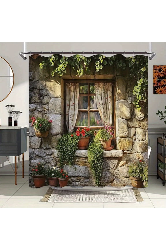 Rustic Stone Wall Window with Greenery Polyester Shower Curtain for Home Bathroom Bath Tub Decoration 72x72 inch