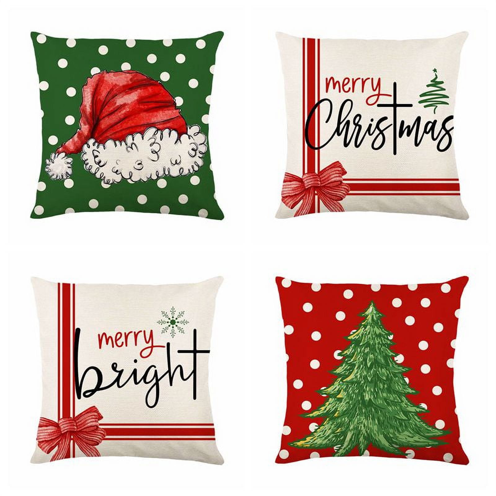 JOOCAR Set of 4 Christmas Pillow Covers 18x18 Inch Red Green Dot Christmas Hat Christmas Tree Bow Merry Christmas Pillowcase for Home Bedroom Sofa Decoration Pillowcase