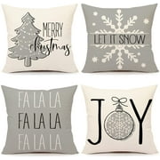 JOOCAR Set of 4 Christmas Pillow Covers 18x18 Inch Retro Farmhouse Grey Snowflake Christmas Tree Merry Christmas Pillowcase for Home Bedroom Sofa Decoration Pillowcase