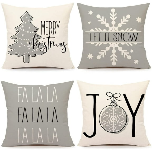 JOOCAR Set of 4 Christmas Pillow Covers 18x18 Inch Retro Farmhouse Grey Snowflake Christmas Tree Merry Christmas Pillowcase for Home Bedroom Sofa Decoration Pillowcase
