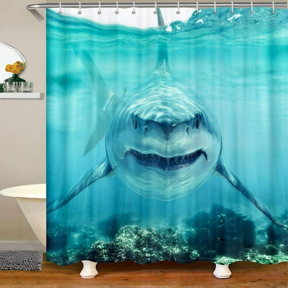 JOOCAR Shark Shower Curtain for Stalls Bathtubs 3D Shark Fish Bathroom Shower Curtain Set Ocean Wild Animal in The Sea Waterproof 72x72 inchs
