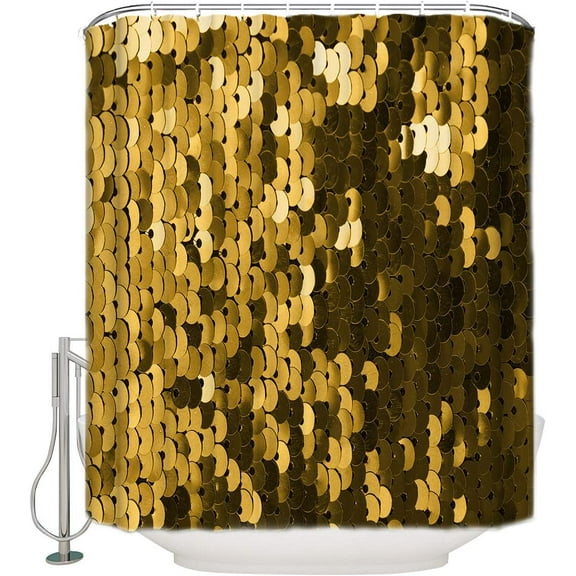 JOOCAR Shining Gold Sequins Waterproof Polyester Shower Curtains with Hooks for Bathroom,72x72 inch