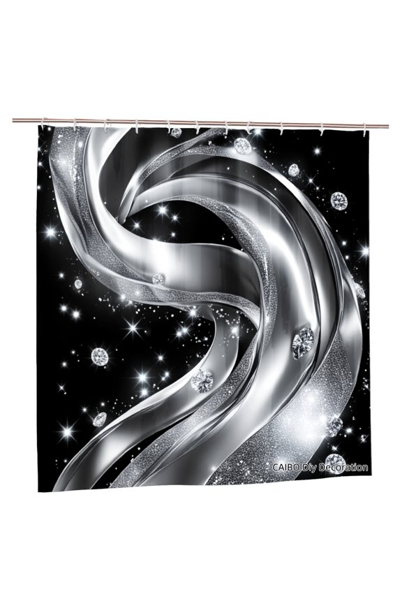 Silver Ribbon And Diamond Pattern Polyester Shower Curtain For Home Bathroom Bath Tub Decoration 72x72 inch