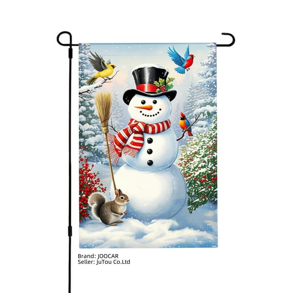 JOOCAR Snowman with Birds and Squirrel Garden Flag for Winter Christmas Home Outdoor Garden Yard Door Decor 12x18 inch