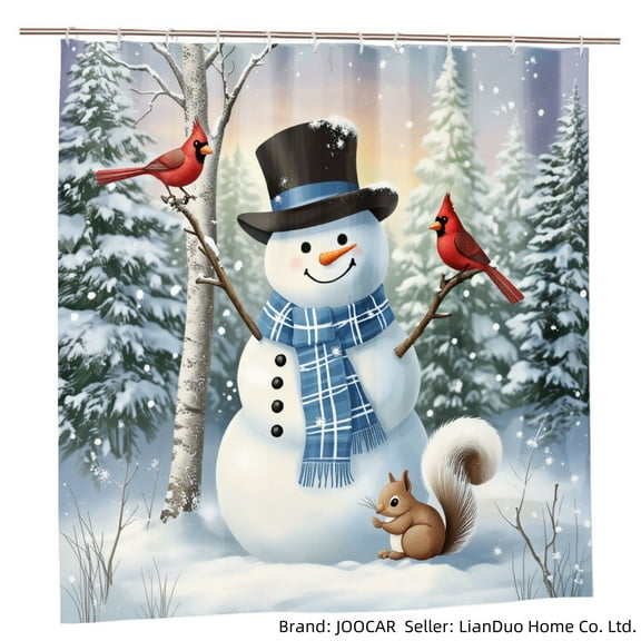 JOOCAR Snowman with Cardinals and Squirrel Winter Scene Polyester Shower Curtain for Home Bathroom Bath Tub Decoration 72x72 inch