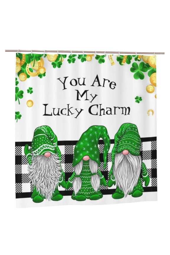 St.Patrick's Day Shower Curtain, Spring Cute Gnome Bathroom Shower Curtain, Falling Clovers Leaves with Green Elf on Black and White Buffalo Check Plaid Cloth Shower Curtain 72X72 inch