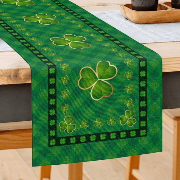JOOCAR St. Patrick's Day Table Runner, Plaid Gold Edge Shamrock 13x72 Inch Table Runner for St. Patrick's Day Kitchen Dining Table Table Holiday Decoration
