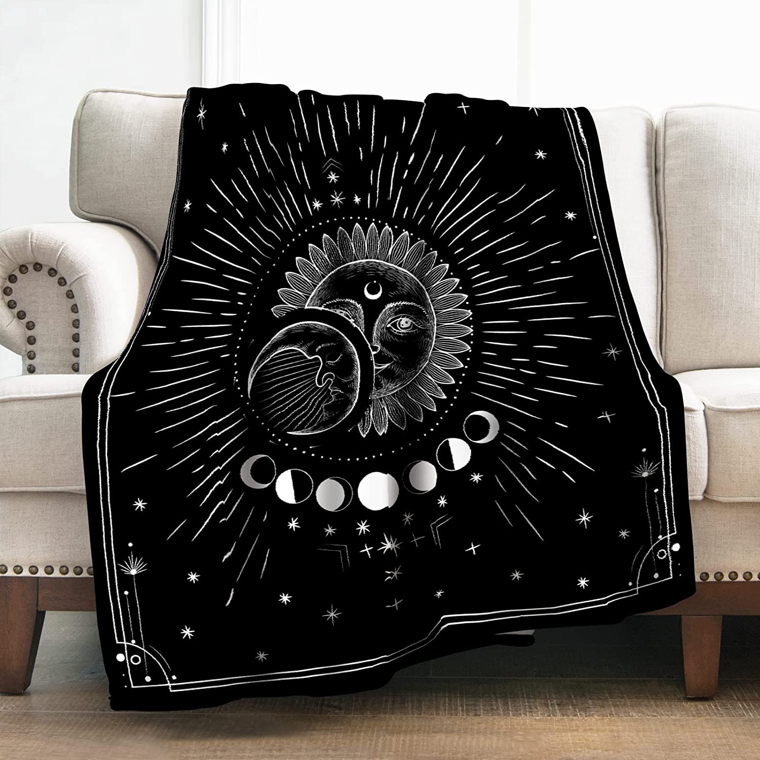 JOOCAR Sun Moon Blanket Gifts for Women Girls Boys, White Stars Space