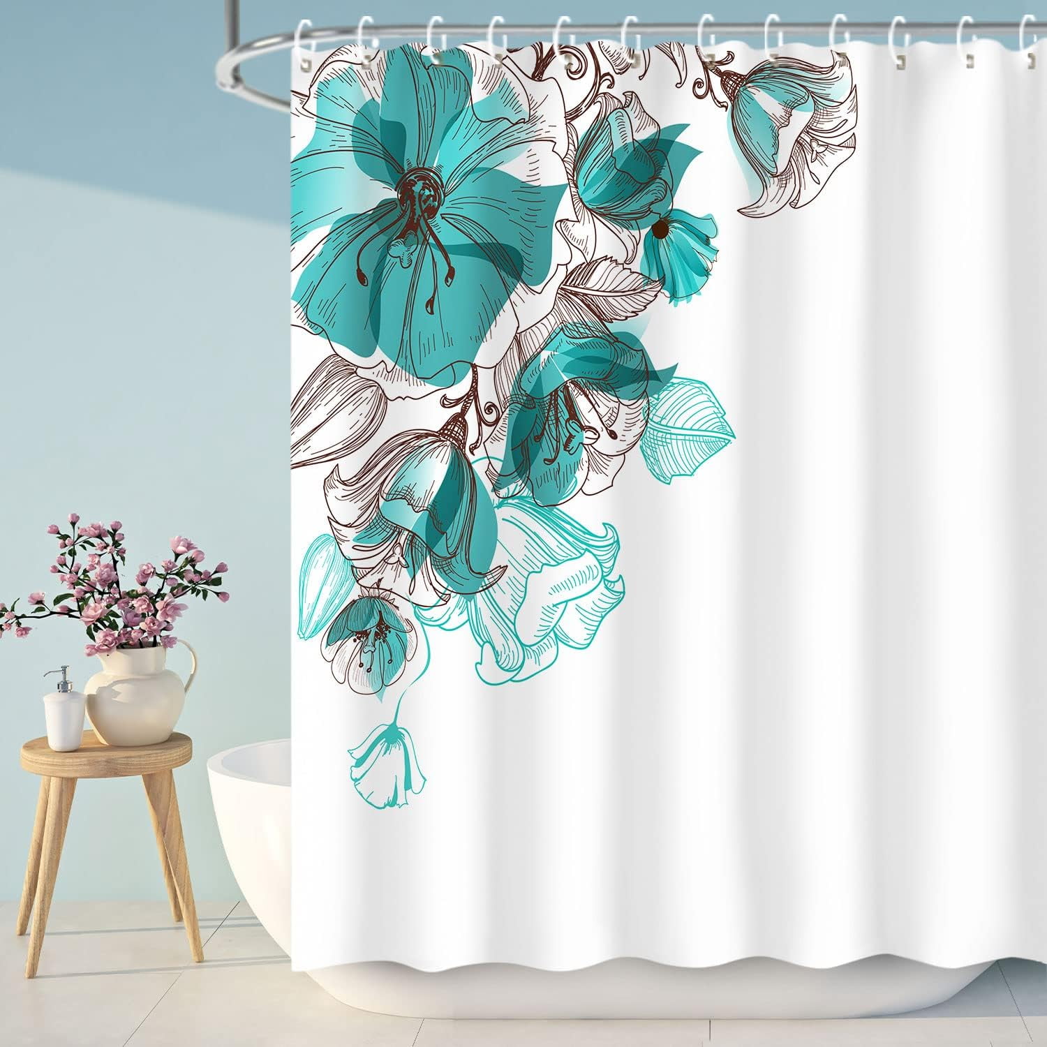 JOOCAR Teal JOOCAR Aqua Shower Curtain Blue Floral Shower Curtain Set