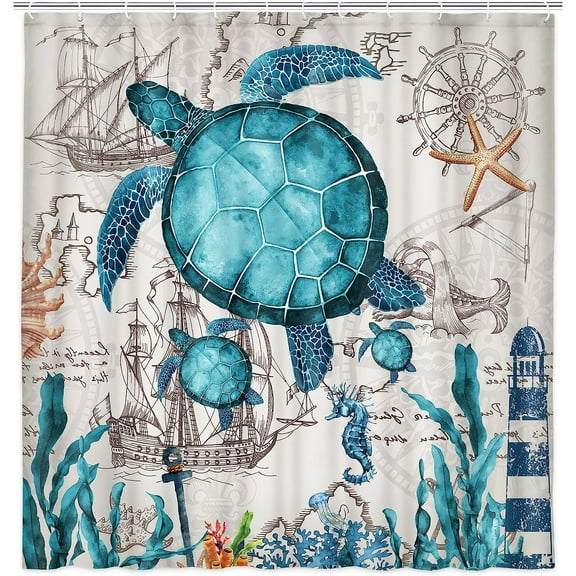JOOCAR Teal Sea Turtle Fabric Shower Curtain, Ocean Beach Shower Curtain for Bathroom, Nautical Coastal Theme Bathroom Curtain with Hooks 72X72 Inch