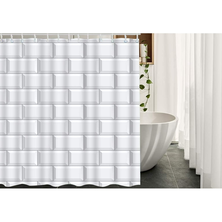 JOOCAR Tile Shower Curtain with Hooks White Bricks Block Surface
