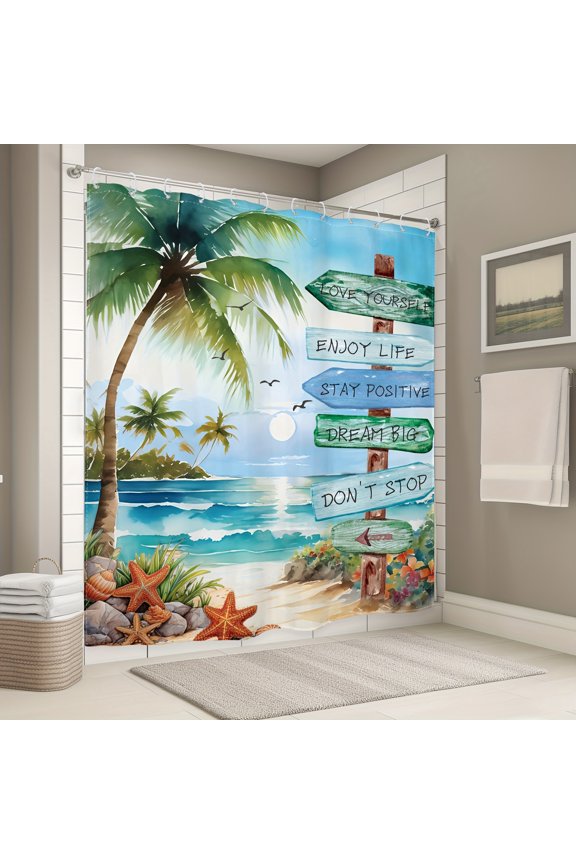 Tropical Beach Scene Polyester Shower Curtain with Palm Trees, Ocean View, and Inspirational Signs for Home Bathroom Bath Tub Decoration 72x72 inch