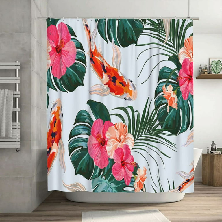 JOOCAR Tropical Palm Leaves Beautiful Floral Summer Pattern Background With Koi  Fish Hibiscus 72x72 Inches Waterproof Polyester Shower Curtain with Hooks 