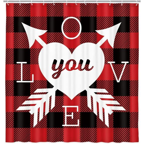 JOOCAR Valentine's Day Fabric Shower Curtain, Red and Black Buffalo Check Plaid Love Shower Curtain, Sweet Hearts Arrows Bathroom Curtain with Hooks 72X72 Inch