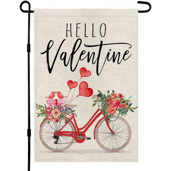 JOOCAR Valentine's Day Garden Flag, Hello Valentine Bike Rose Gift 12x18 Inch Double Sided Garden Flag for Outdoor Garden Holiday Yard Decoration