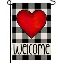 JOOCAR Valentine's Day Garden Flags, Black and White Buffalo Plaid Hearts Welcome 12x18 Inch Reversible Garden Flags for Outdoor Garden Holiday Yard Decoration