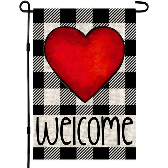 JOOCAR Valentine's Day Garden Flags, Black and White Buffalo Plaid Hearts Welcome 12x18 Inch Reversible Garden Flags for Outdoor Garden Holiday Yard Decoration