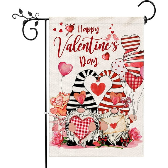 JOOCAR Valentine's Day Garden Flags, Gnome Couple Happy Valentine's Day Love Balloon Envelope 12x18 Inches Double Sided Garden Flags for Outdoor Garden Festival Yard Decoration