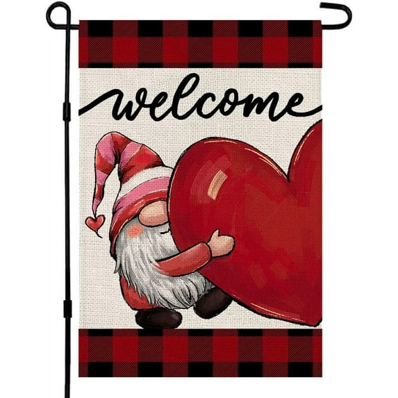 JOOCAR Valentine's Day Garden Flags, Red and Black Buffalo Plaid Gnome Love Welcome 12x18 Inches Reversible Garden Flags for Outdoor Garden Holiday Yard Decoration
