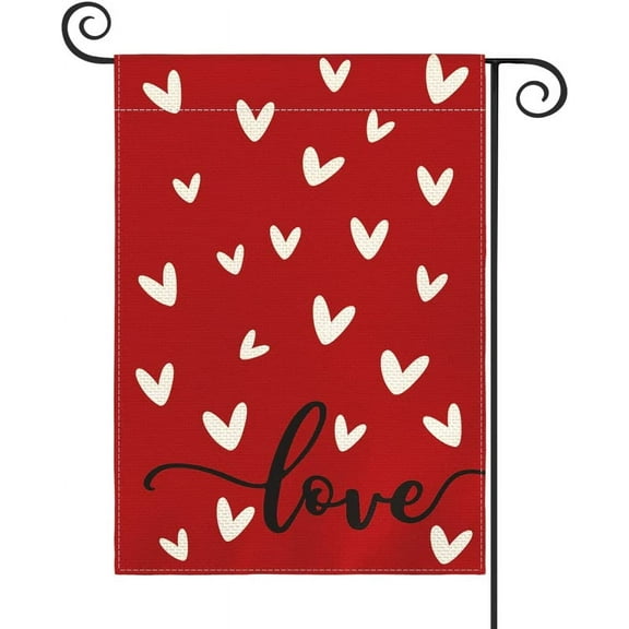 JOOCAR Valentine's Day Love Hearts Linen Garden Flags 12x18 inch Double Sided for Outdoor Lawn Decor