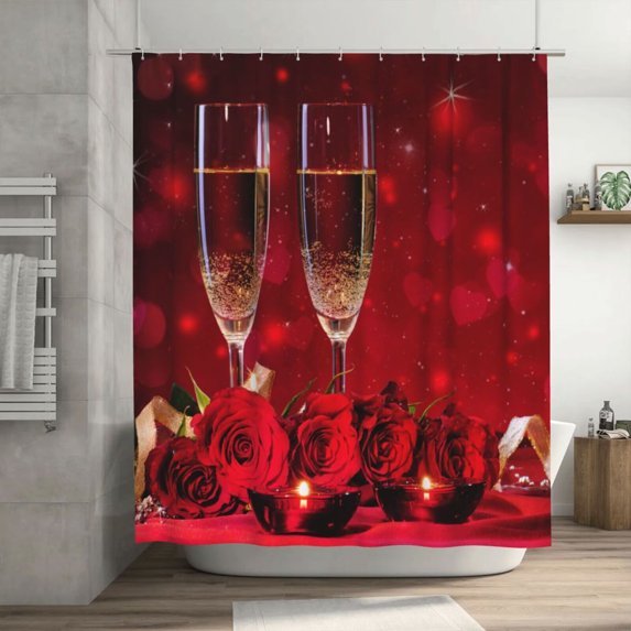 JOOCAR Valentine's Day Shower Curtain for Bathroom Romantic Rose Love Hearts Champagne Couple Cover Bathtub Shower Curtains for Bathroom Home Decor Red Bathroom Decor Supplies 72 x 72 inch