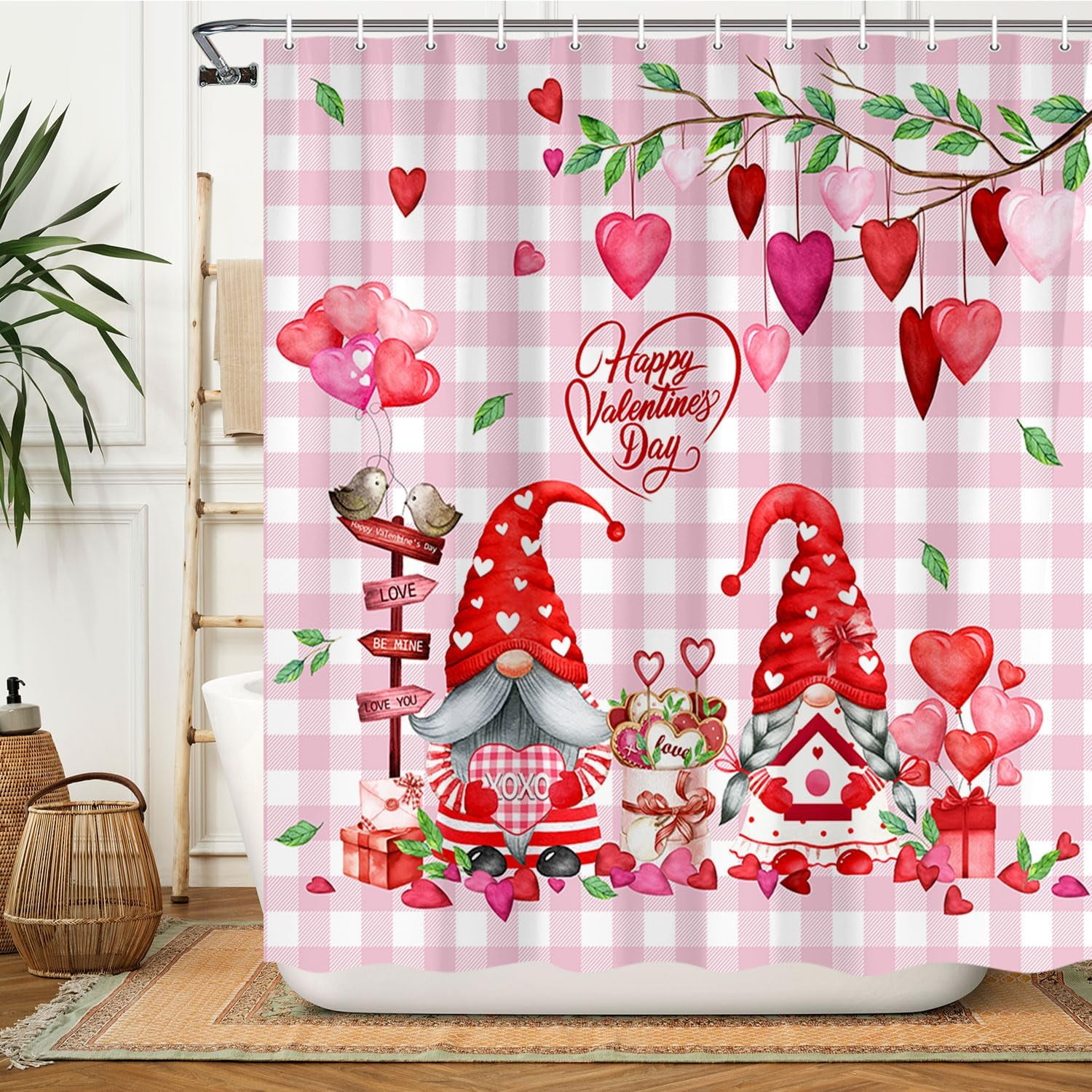 JOOCAR Valentine's Day Shower Curtain, Cute Valentine's Gnomes Bird Heart Tree Fabric Shower