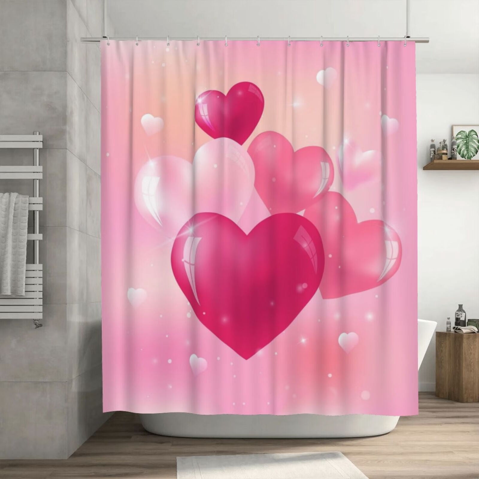 JOOCAR Valentines Day Shower Curtain Set with Hooks Bright Glass Hearts