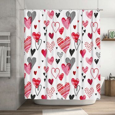 JOOCAR Valentines Shower Curtain, Doodle Style Hearts and Valentine's Day Backdrop Decor with Romantic Printed Drawing Art, Cloth Fabric for Bath Decoration Set with 12 Hooks, 72X72 Inch