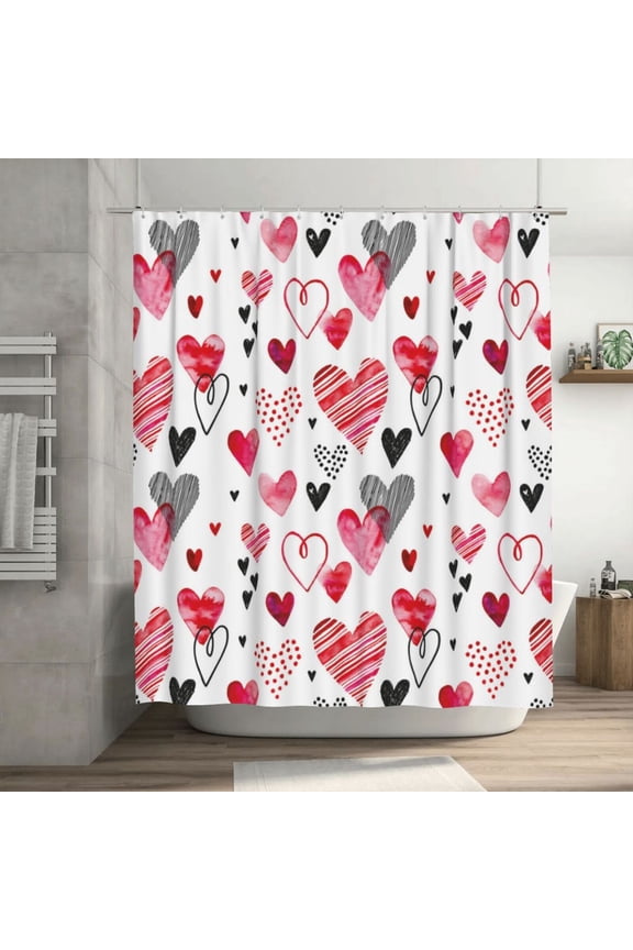 Valentines Shower Curtain, Doodle Style Hearts and Valentine's Day Backdrop Decor with Romantic Printed Drawing Art, Cloth Fabric for Bath Decoration Set with 12 Hooks, 72X72 Inch