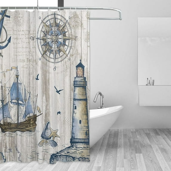 JOOCAR Vintage Nautical Sailboat Compass Anchor Lighthouse Polyester Shower Curtain for Bathroom