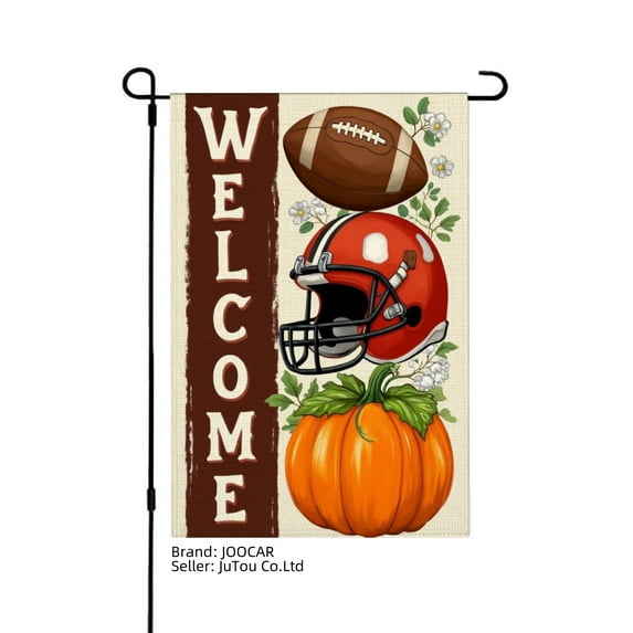 JOOCAR Welcome Football Helmet Pumpkin Linen Garden Flag for Fall Autumn Home Outdoor Garden Yard Door Decor 12x18 inch