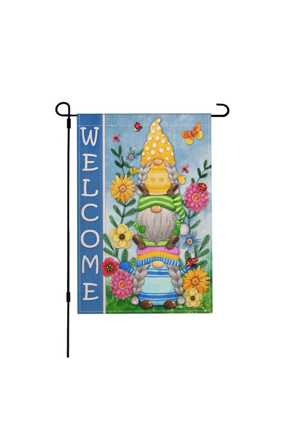Welcome Gnome Home Decorative Linen Garden Flag, Spring Farmhouse Outdoor Lawn Decor 12"x18"