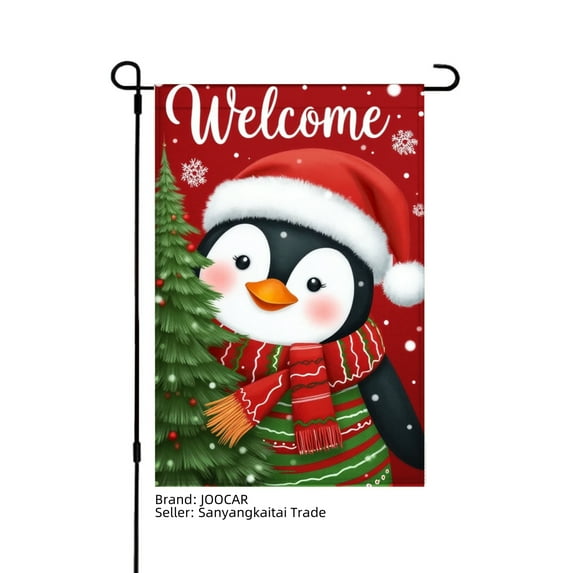 JOOCAR Welcome Penguin in Santa Hat Garden Flag for Winter Christmas Home Outdoor Garden Yard Door Decor 12x18 inch