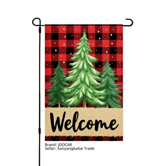 JOOCAR Welcome Pine Trees Buffalo Plaid Garden Flag for Winter Christmas Home Outdoor Garden Yard Door Decor 12x18 inch