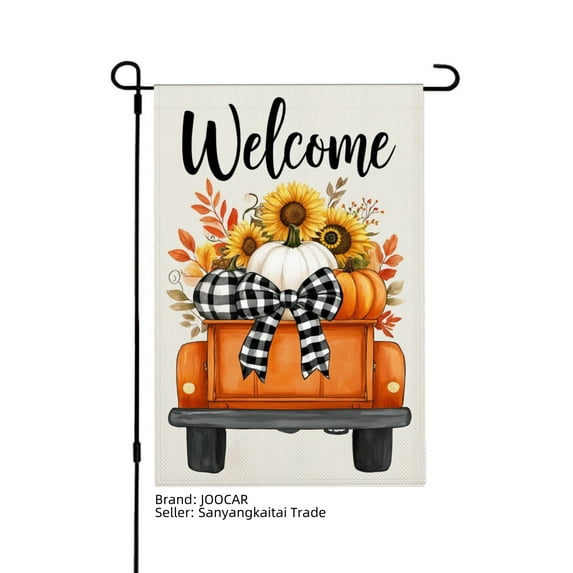 JOOCAR Welcome Pumpkin Truck Linen Garden Flag with Sunflowers and Plaid Bow for Fall Autumn Home Outdoor Garden Yard Door Decor 12x18 inch