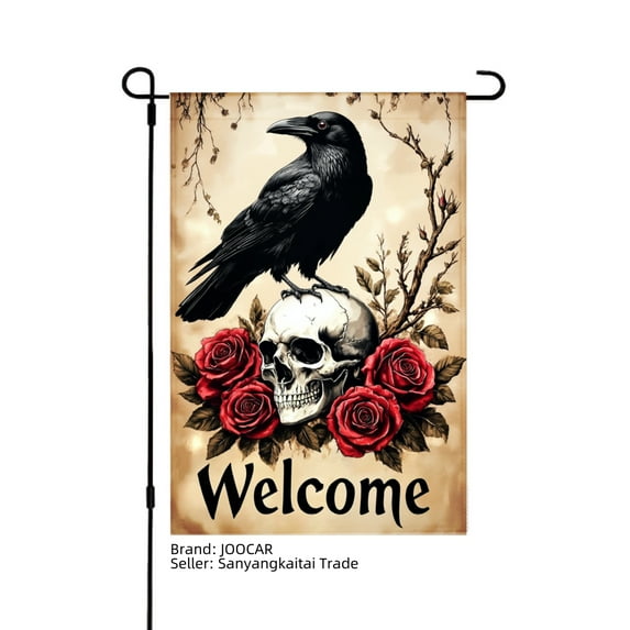 JOOCAR Welcome Raven Skull and Roses Garden Flag for Fall Autumn Home Outdoor Garden Yard Door Decor 12x18 inch