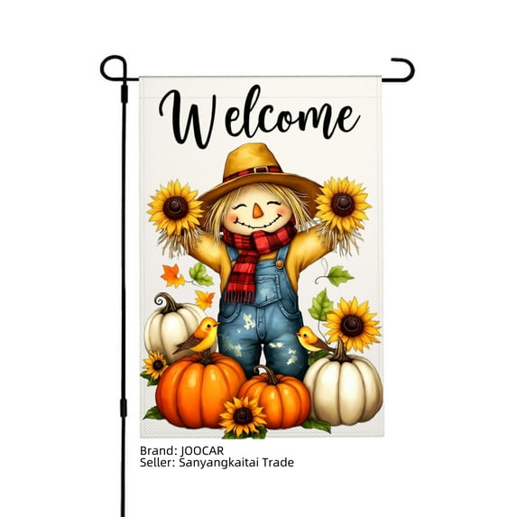 JOOCAR Welcome Scarecrow with Sunflowers and Pumpkins Garden Flag for Fall Autumn Home Outdoor Garden Yard Door Decor 12x18 inch