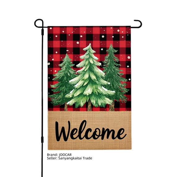 JOOCAR Welcome Winter Christmas Garden Flag with Pine Trees and Plaid Design for Winter Christmas Home Outdoor Garden Yard Door Decor 12x18 inch