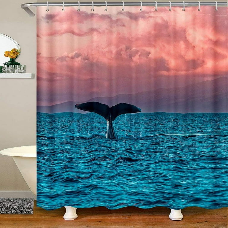 JOOCAR Whale Tail Decor Shower Curtain for Home Pink Cloud and Blue Sea  Decor Hooks Waterproof, 72Wx72L inch 