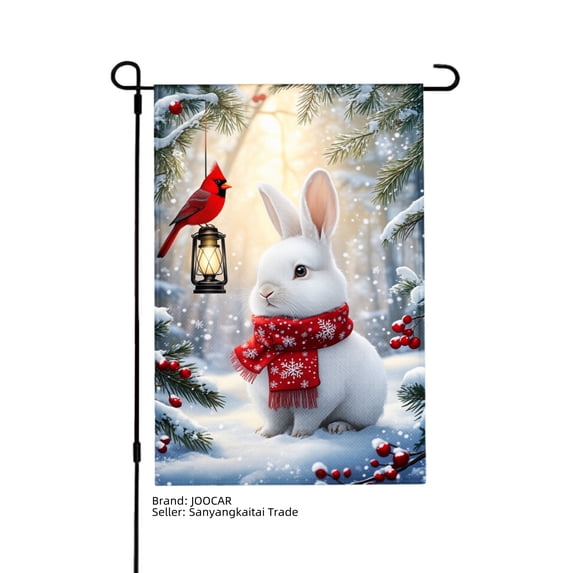 JOOCAR White Bunny with Red Scarf and Cardinal Lantern Garden Flag for Winter Christmas Home Outdoor Garden Yard Door Decor 12x18 inch