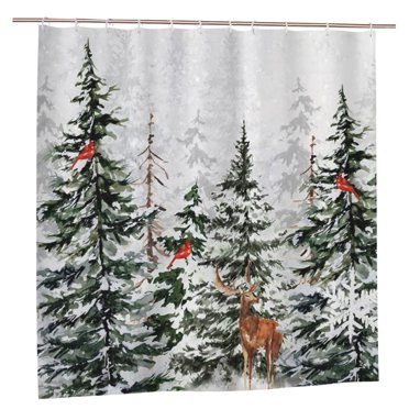 JOOCAR Winter Snowy Forest Shower Curtain Pine Tree Cardinal Deer Snowflake Shower Curatin 72x72 Inch Xmas Christmas Holiday Bathroom Bath Rustic Farmhouse Decor Waterproof with Hooks