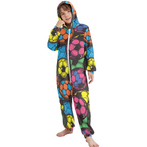 JOOGOO Art Soccer Footballs Pattern Unisex Onesie Pajamas Jumpsuit Kids One-Piece Hooded Sleepwear 7-8T