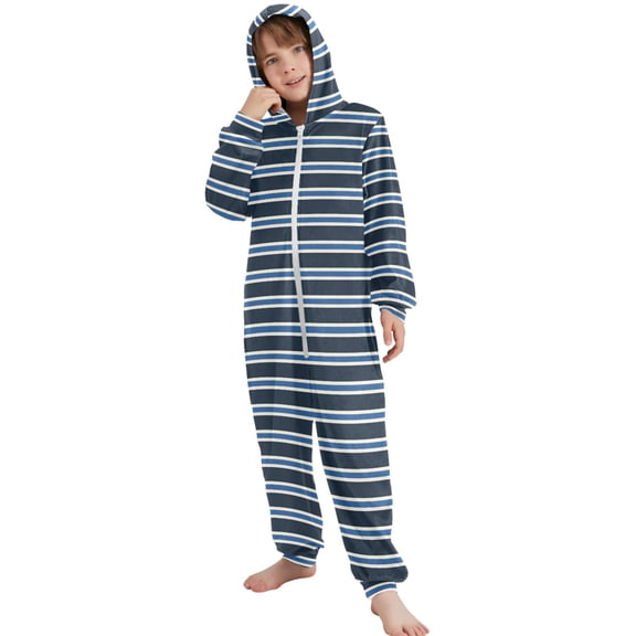 JOOGOO Blue Stripe Pattern Unisex Onesie Pajamas Jumpsuit Kids One-Piece Hooded Sleepwear 7-8T