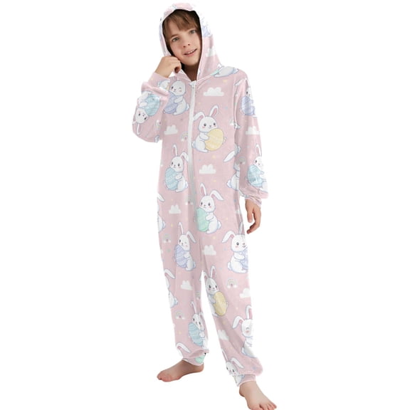 JOOGOO Bunny Eggs Rabbit Pattern Unisex Onesie Pajamas Jumpsuit Kids One-Piece Hooded Sleepwear 7-8T